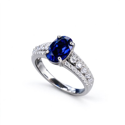 925 Sterling Silver Lab-Created Blue Sapphire Ring | 6 × 9 mm Oval Brilliant Cut | Pavé Split-Shank Design