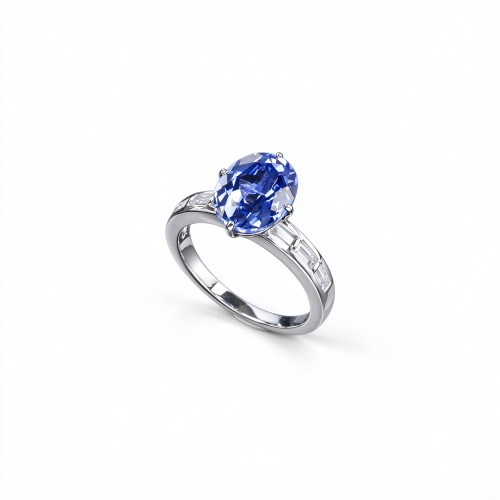 925 Sterling Silver Lab-Created Cornflower Blue Sapphire Ring | Oval Brilliant Cut | Baguette-Accent Shoulders