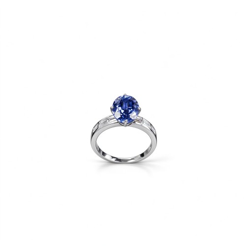 925 Sterling Silver Lab-Created Cornflower Blue Sapphire Ring | Oval Brilliant Cut | Baguette-Accent Shoulders