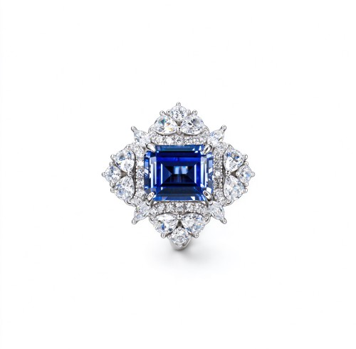 925 Sterling Silver Lab-Created Cornflower Blue Sapphire Ring | 8 × 10 mm Octagonal Step Cut | Cluster Halo