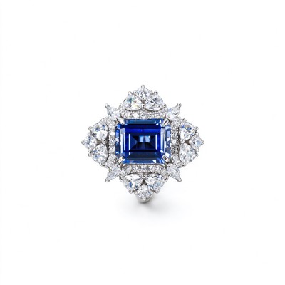925 Sterling Silver Lab-Created Cornflower Blue Sapphire Ring | 8 × 10 mm Octagonal Step Cut | Cluster Halo