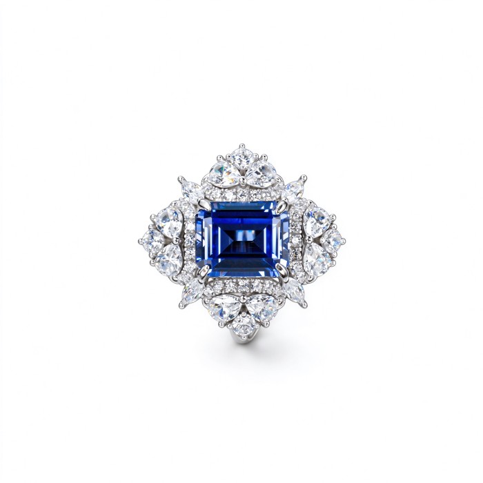 925 Sterling Silver Lab-Created Cornflower Blue Sapphire Ring | 8 × 10 mm Octagonal Step Cut | Cluster Halo