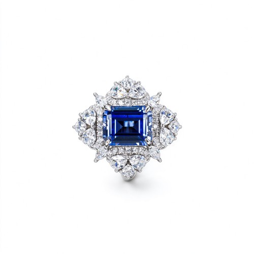 925 Sterling Silver Lab-Created Cornflower Blue Sapphire Ring | 8 × 10 mm Octagonal Step Cut | Cluster Halo