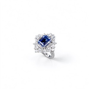 925 Sterling Silver Lab-Created Cornflower Blue Sapphire Ring | 8 × 10 mm Octagonal Step Cut | Cluster Halo