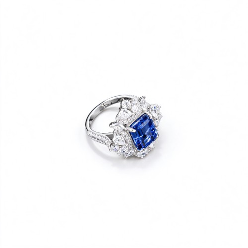 925 Sterling Silver Lab-Created Cornflower Blue Sapphire Ring | 8 × 10 mm Octagonal Step Cut | Cluster Halo