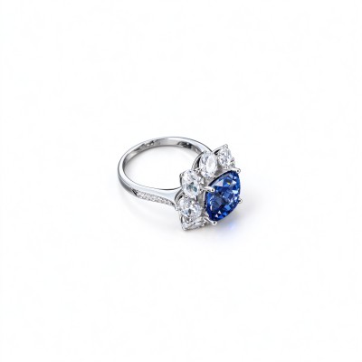 925 Sterling Silver Lab-Created Cornflower Blue Sapphire Ring | 10 mm Square Cushion Brilliant Cut | Floral Halo