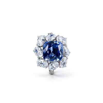 925 Sterling Silver Lab-Created Cornflower Blue Sapphire Ring | 10 mm Square Cushion Brilliant Cut | Floral Halo
