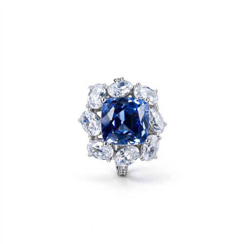 925 Sterling Silver Lab-Created Cornflower Blue Sapphire Ring | 10 mm Square Cushion Brilliant Cut | Floral Halo