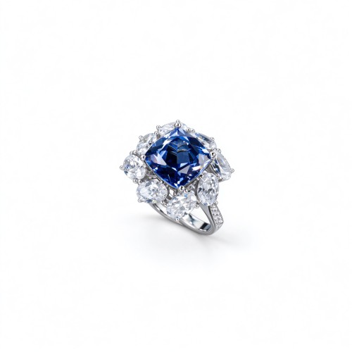 925 Sterling Silver Lab-Created Cornflower Blue Sapphire Ring | 10 mm Square Cushion Brilliant Cut | Floral Halo
