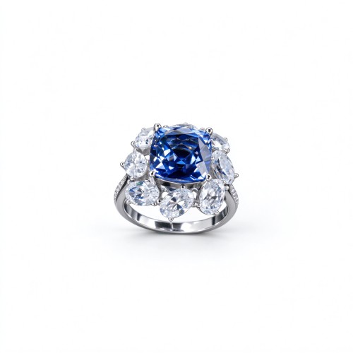 925 Sterling Silver Lab-Created Cornflower Blue Sapphire Ring | 10 mm Square Cushion Brilliant Cut | Floral Halo