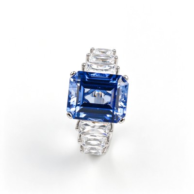 925 Sterling Silver Lab-Created Cornflower Blue Sapphire Ring | Cut-Corner Rectangular Gemstone | Elegant Statement Jewelry