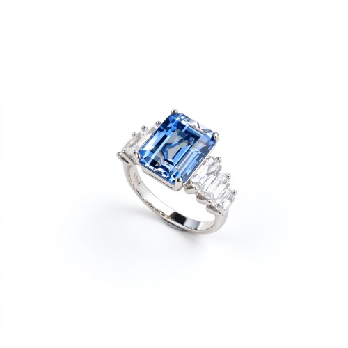 925 Sterling Silver Lab-Created Cornflower Blue Sapphire Ring | Cut-Corner Rectangular Gemstone | Elegant Statement Jewelry
