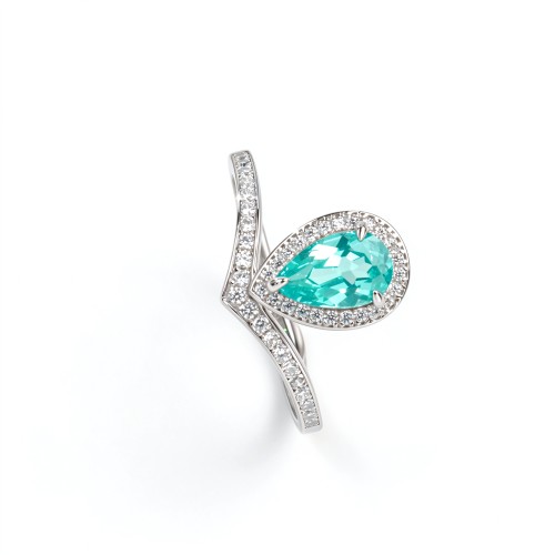 925 Sterling Silver Lab-Created Paraiba-Color Green Garnet Ring | Pear-Shaped Halo | Pavé Split Shank