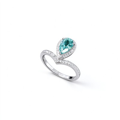 925 Sterling Silver Lab-Created Paraiba-Color Green Garnet Ring | Pear-Shaped Halo | Pavé Split Shank