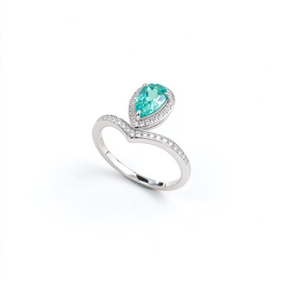 925 Sterling Silver Lab-Created Paraiba-Color Green Garnet Ring | Pear-Shaped Halo | Pavé Split Shank