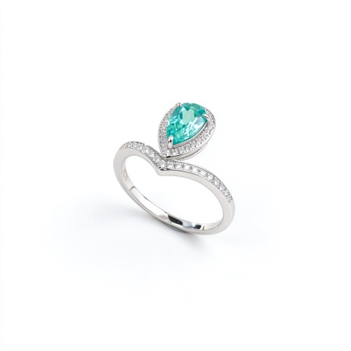 925 Sterling Silver Lab-Created Paraiba-Color Green Garnet Ring | Pear-Shaped Halo | Pavé Split Shank