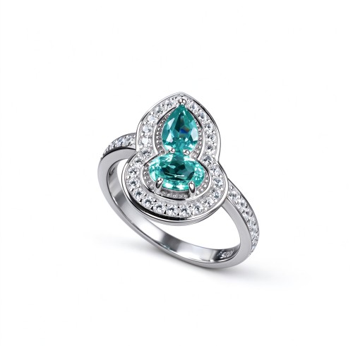 925 Sterling Silver Two-Stone Gourd-Shaped Lab-Created Paraiba-Color Green Garnet Ring | Pavé Accents