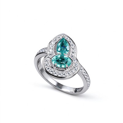 925 Sterling Silver Two-Stone Gourd-Shaped Lab-Created Paraiba-Color Green Garnet Ring | Pavé Accents