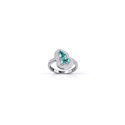 925 Sterling Silver Two-Stone Gourd-Shaped Lab-Created Paraiba-Color Green Garnet Ring | Pavé Accents