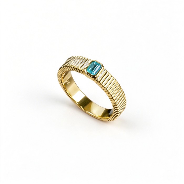 925 Sterling Silver Lab-Created Paraiba-Color Green Garnet Ring | Rounded-Rectangle Center | Ribbed Band