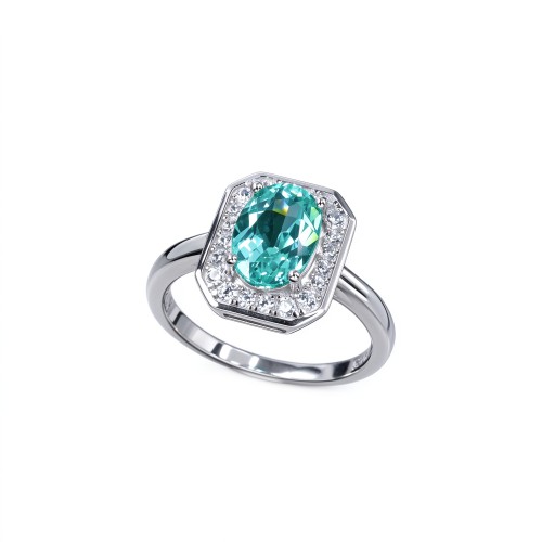 925 Sterling Silver Lab-Created Paraiba-Color Green Garnet Ring | Oval Center | Halo Setting