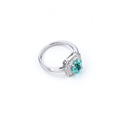 925 Sterling Silver Lab-Created Paraiba-Color Green Garnet Ring | Oval Center | Halo Setting
