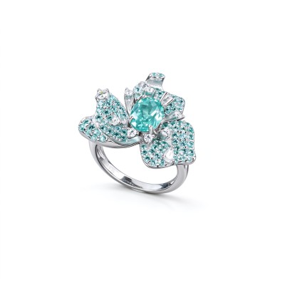 925 Sterling Silver Lab-Created Paraiba-Color Green Garnet Floral Cluster Ring