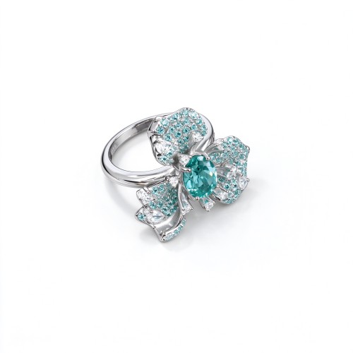 925 Sterling Silver Lab-Created Paraiba-Color Green Garnet Floral Cluster Ring