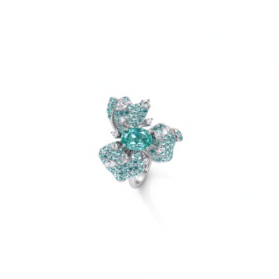 925 Sterling Silver Lab-Created Paraiba-Color Green Garnet Floral Cluster Ring