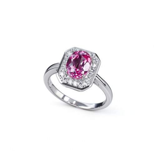 925 Sterling Silver Lab-Created Padparadscha Sapphire Ring | Pink Rectangular Center | Halo Setting