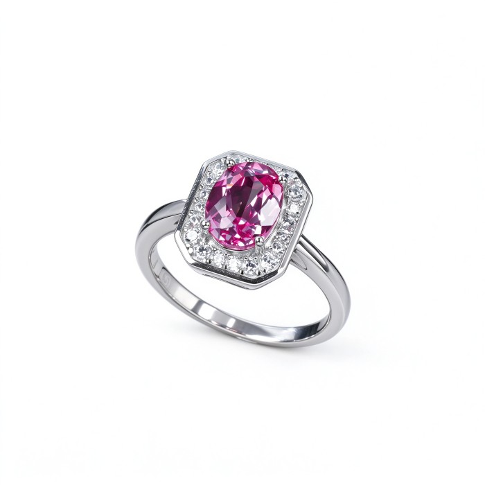 925 Sterling Silver Lab-Created Padparadscha Sapphire Ring | Pink Rectangular Center | Halo Setting