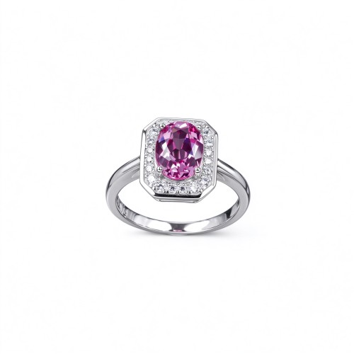 925 Sterling Silver Lab-Created Padparadscha Sapphire Ring | Pink Rectangular Center | Halo Setting