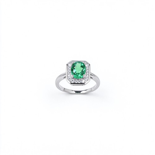 925 Sterling Silver Colombian Lab-Created Emerald Ring | Clipped-Corner Rectangular Center | Halo Setting