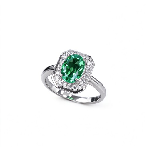 925 Sterling Silver Colombian Lab-Created Emerald Ring | Clipped-Corner Rectangular Center | Halo Setting
