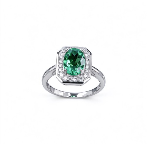 925 Sterling Silver Colombian Lab-Created Emerald Ring | Clipped-Corner Rectangular Center | Halo Setting