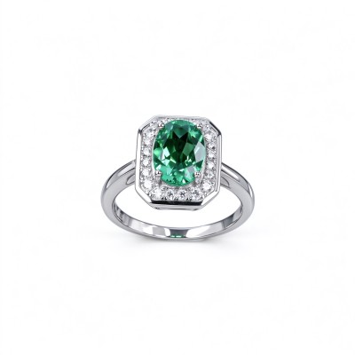 925 Sterling Silver Colombian Lab-Created Emerald Ring | Clipped-Corner Rectangular Center | Halo Setting