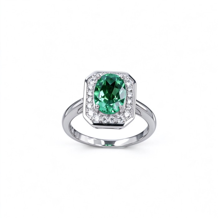 925 Sterling Silver Colombian Lab-Created Emerald Ring | Clipped-Corner Rectangular Center | Halo Setting