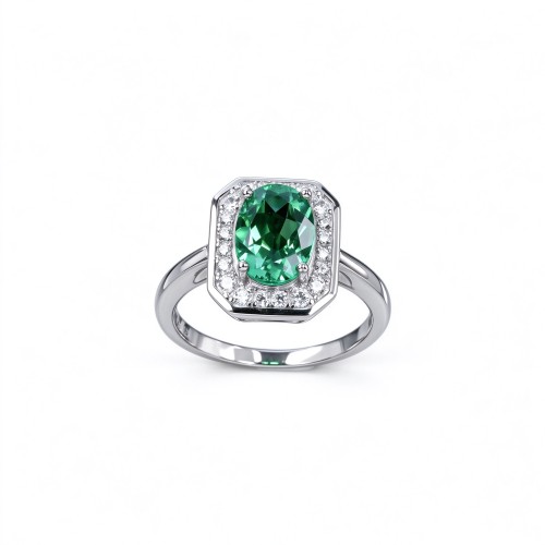 925 Sterling Silver Colombian Lab-Created Emerald Ring | Clipped-Corner Rectangular Center | Halo Setting
