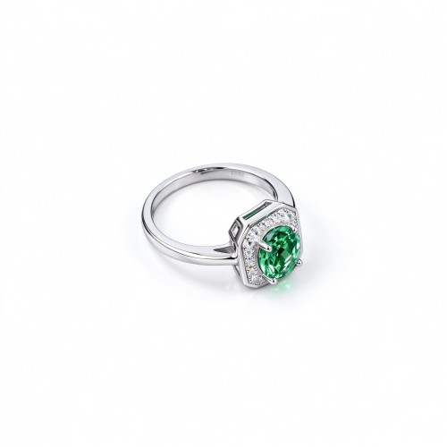 925 Sterling Silver Colombian Lab-Created Emerald Ring | Clipped-Corner Rectangular Center | Halo Setting