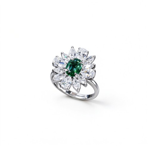 925 Sterling Silver Lab-Created Emerald Ring | Starburst Halo | Green Center Stone