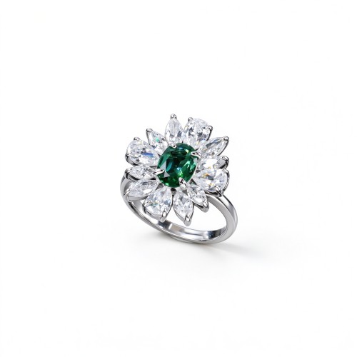 925 Sterling Silver Lab-Created Emerald Ring | Starburst Halo | Green Center Stone