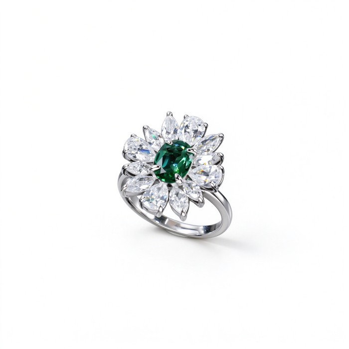 925 Sterling Silver Lab-Created Emerald Ring | Starburst Halo | Green Center Stone