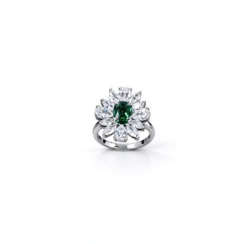 925 Sterling Silver Lab-Created Emerald Ring | Starburst Halo | Green Center Stone