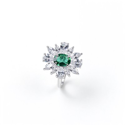 925 Sterling Silver Lab-Created Emerald Ring | Starburst Halo | Green Center Stone