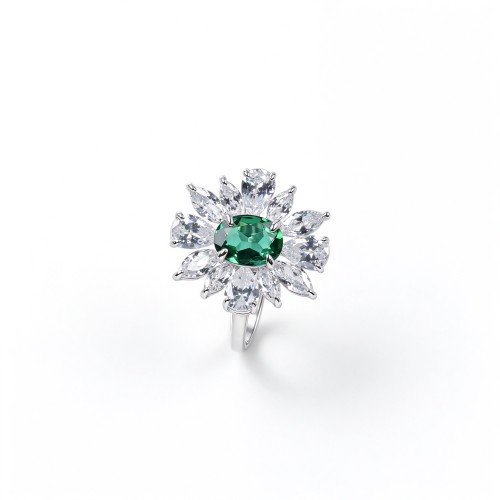 925 Sterling Silver Lab-Created Emerald Ring | Starburst Halo | Green Center Stone