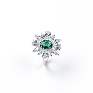 925 Sterling Silver Lab-Created Emerald Ring | Starburst Halo | Green Center Stone