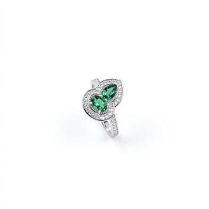 925 Sterling Silver Two-Stone Gourd-Shaped Lab-Created Emerald Ring | Pavé Accents