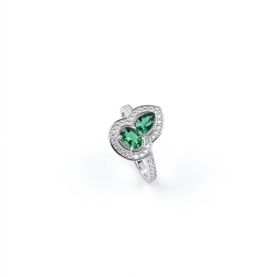 925 Sterling Silver Two-Stone Gourd-Shaped Lab-Created Emerald Ring | Pavé Accents