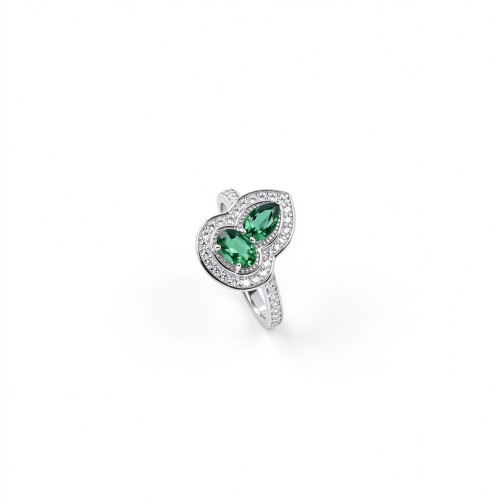 925 Sterling Silver Two-Stone Gourd-Shaped Lab-Created Emerald Ring | Pavé Accents
