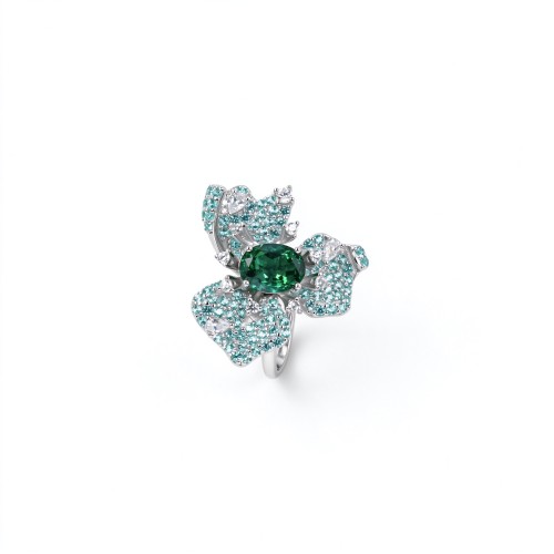 925 Sterling Silver Lab-Created Emerald Floral Cluster Ring | Pavé Accent Statement Jewelry